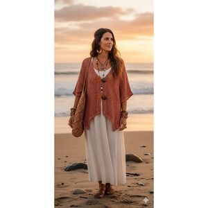 Katie Todd Rust Orange Open Knit Boho Cardigan Short Small Beach Hippie Earthy